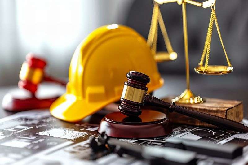 Table with gavel, hard hat, and scale of justice