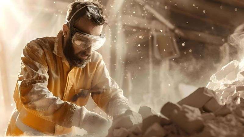 Unprotected worker handling asbestos